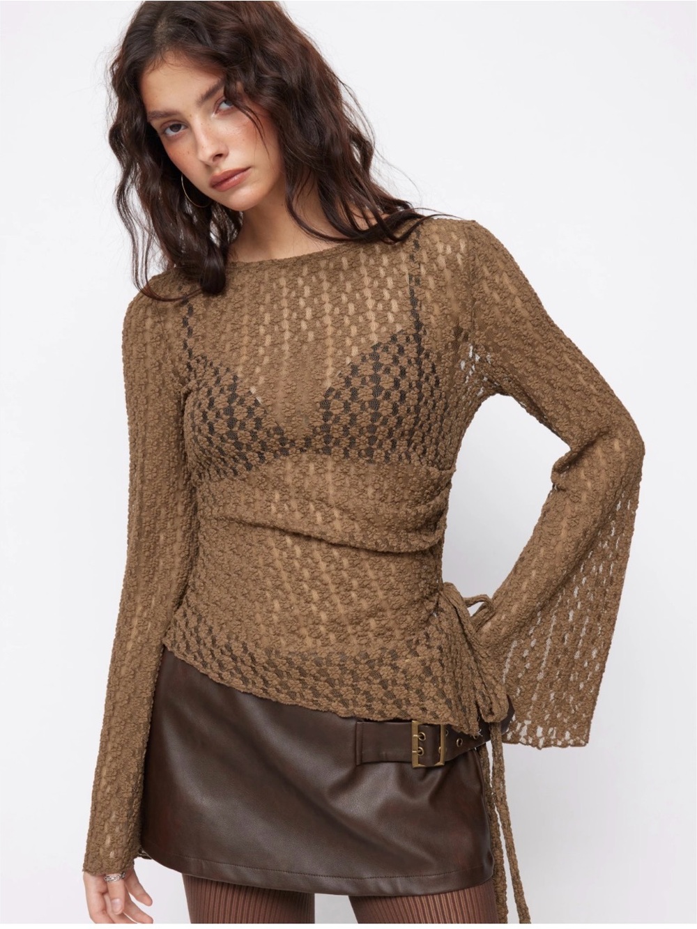 NWT Cider COTTON-BLEND BOAT NECK BELL SLEEVE RUCHED ASYMMETRICAL HEM TOP- size L